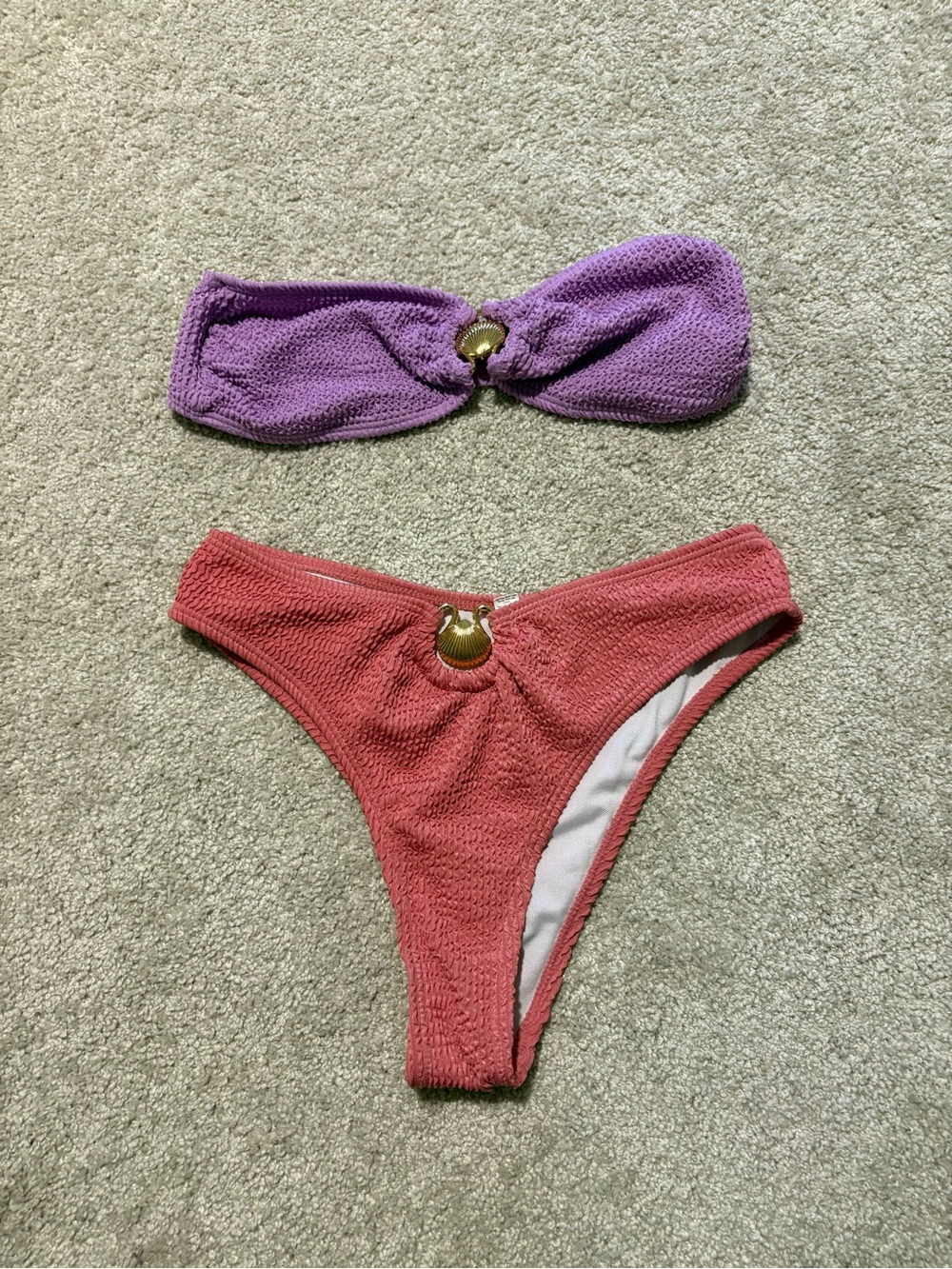 Pink & Purple Textured Shell Strapless Bikini Set Size Medium | Y2K Beach